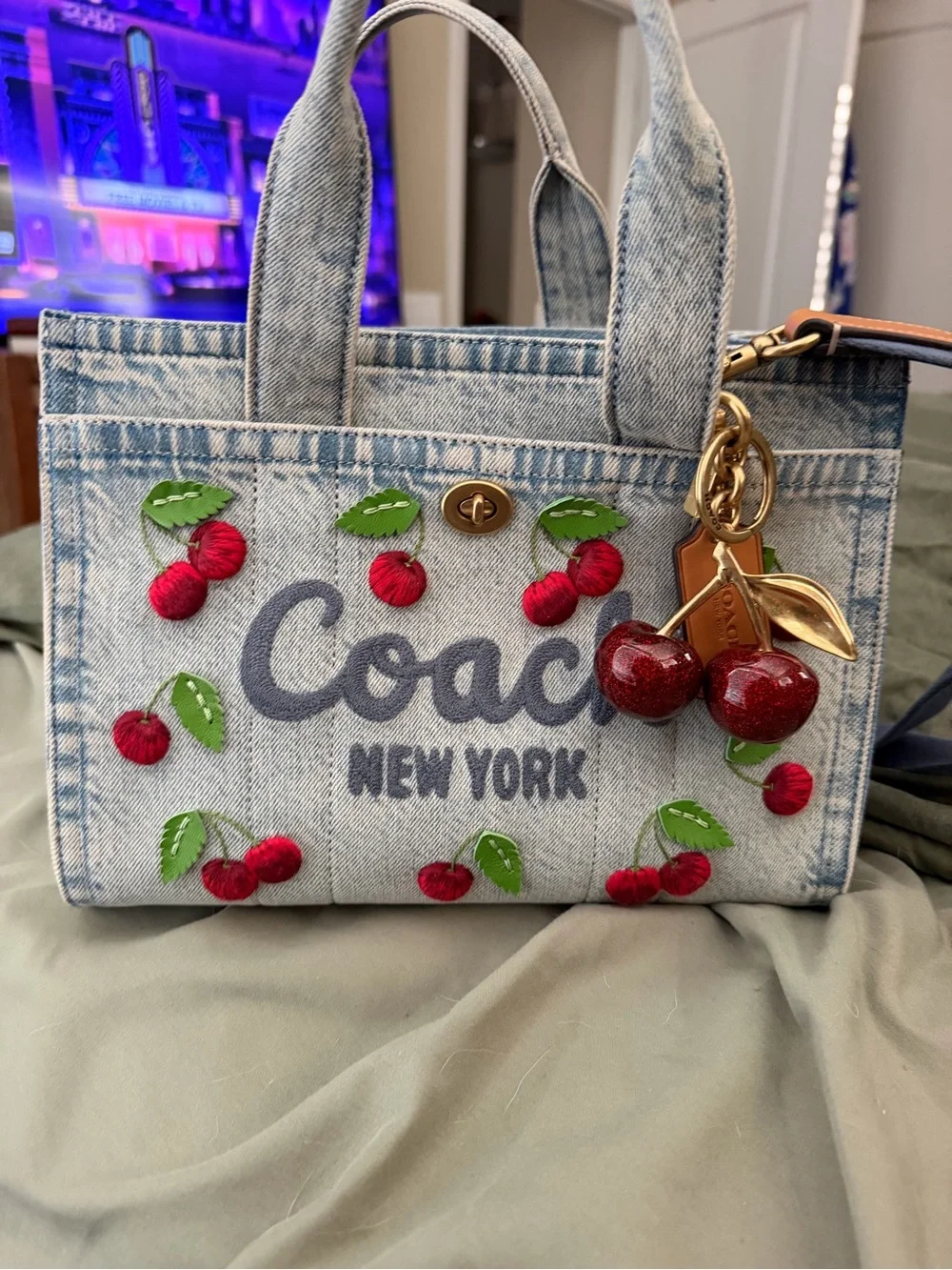 Coach Denim Cargo Bag 26 with Cherry Embroidery